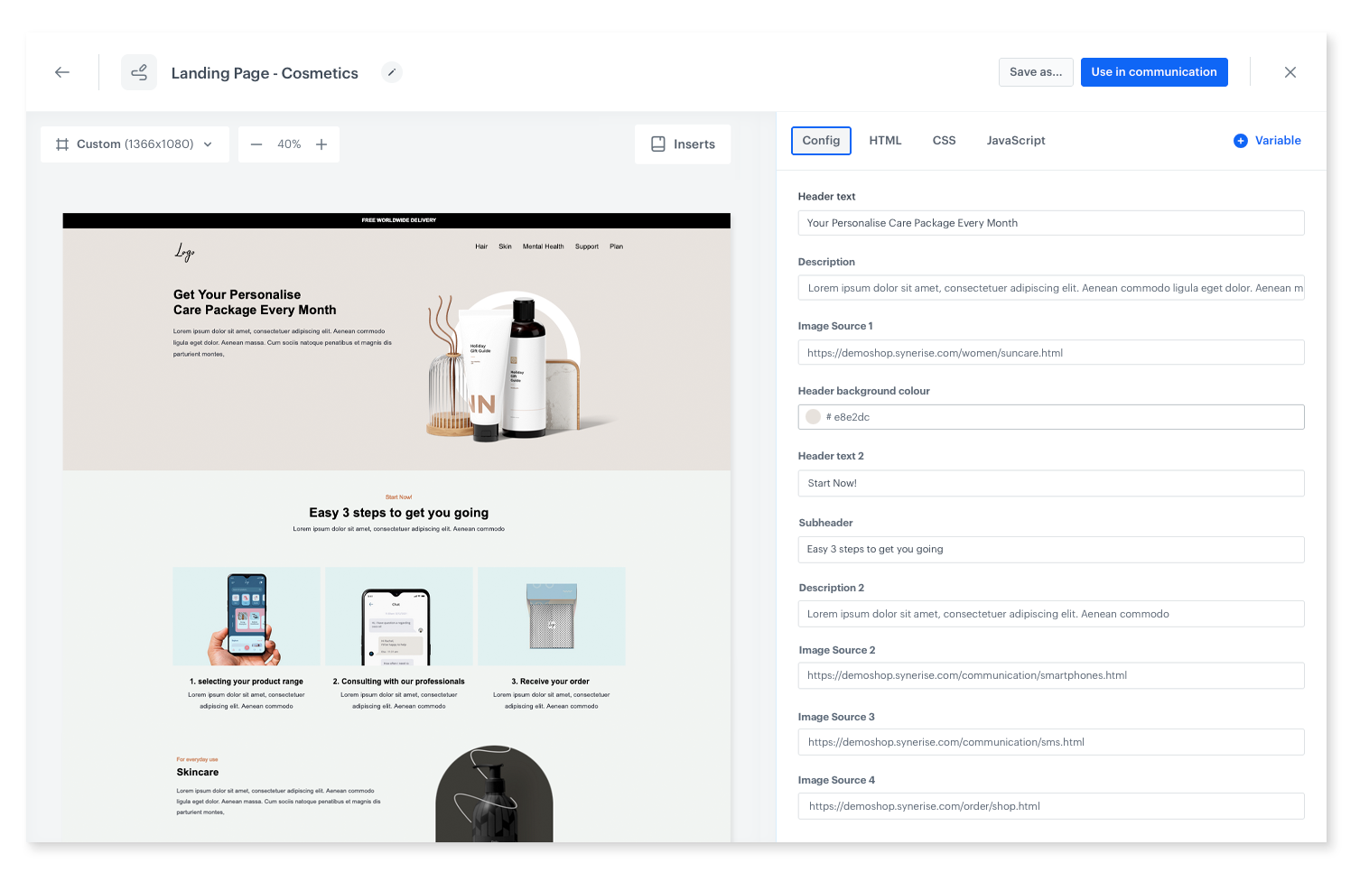 Synerise code editor with configuration form for advanced landing page customization accessible to non-technical users