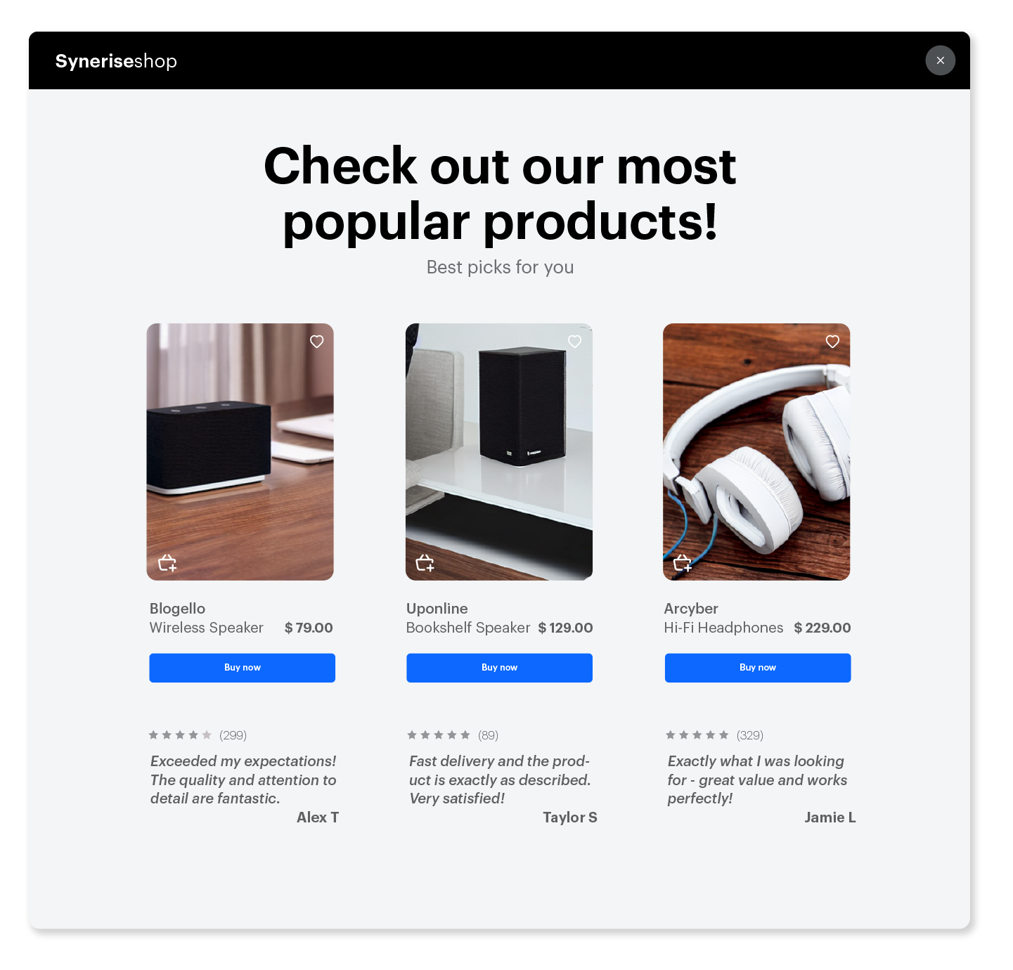 Synerise landing page with real-time social proof showing trending products and popular recommendations