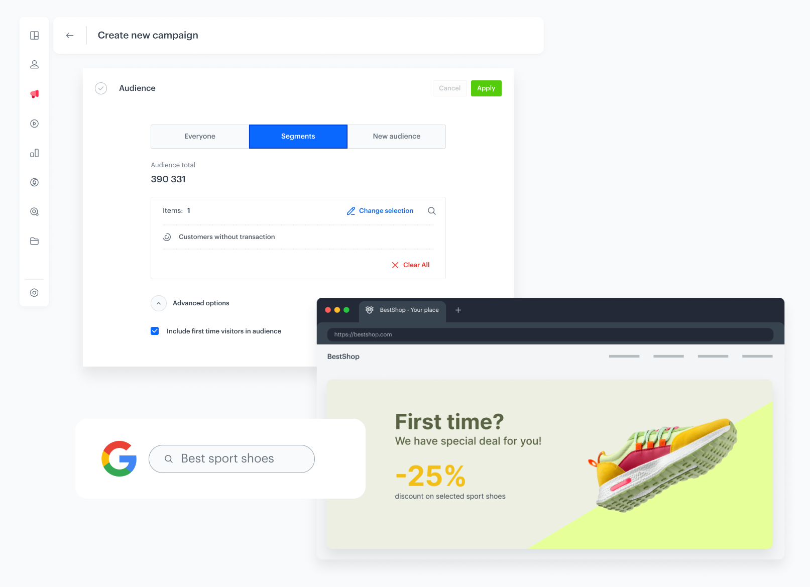 Synerise Dynamic Content audience settings showing the first-time visitor handling checkbox for including or excluding profileless visitors