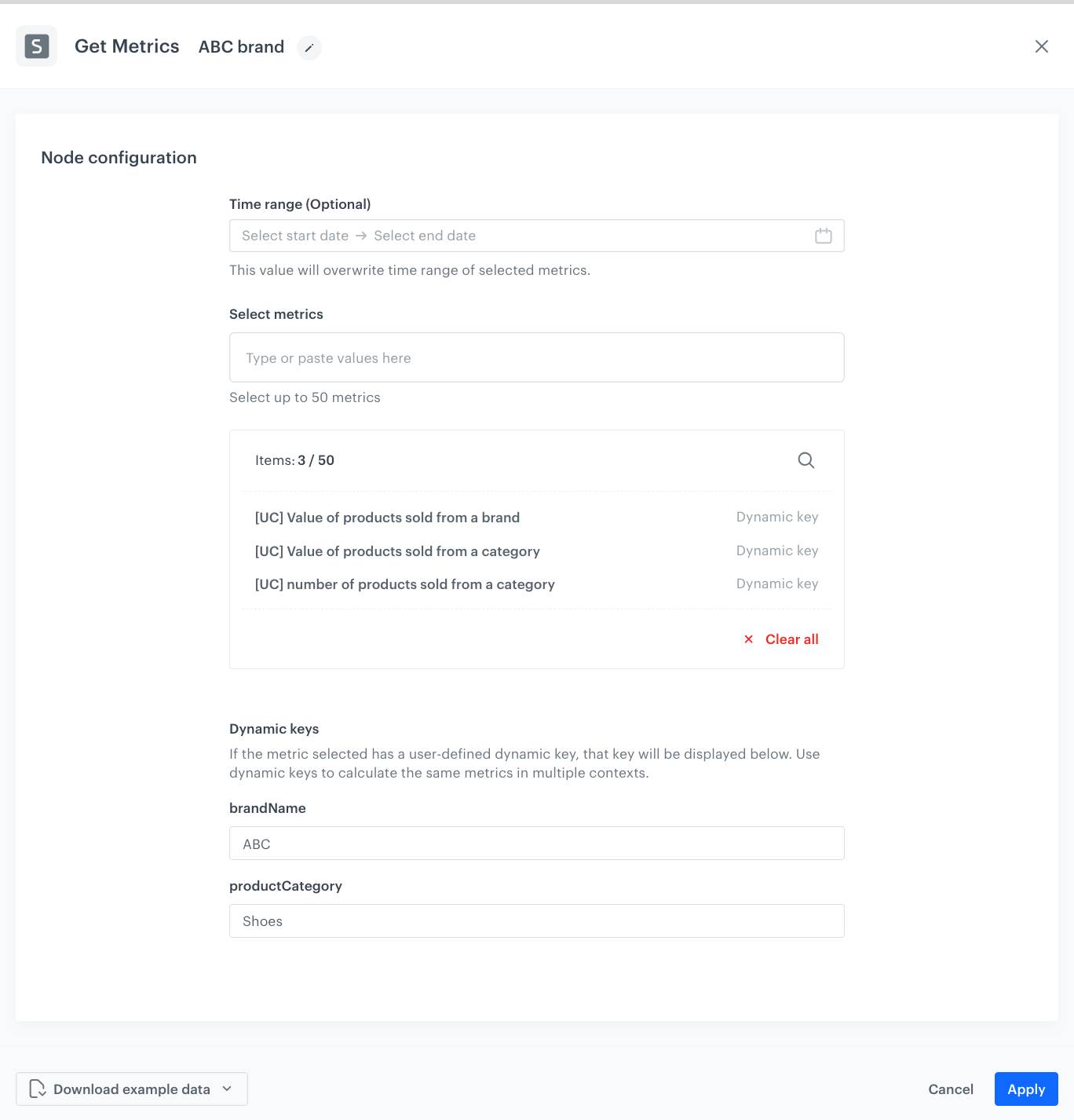 Synerise Get Metrics node configuration showing Dynamic Keys with parameterizable placeholders for flexible metric exports