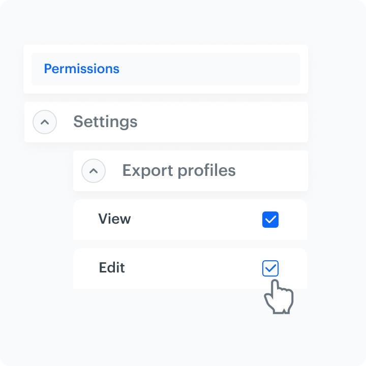 Synerise dedicated permissions configuration for data export nodes showing role-based access control settings