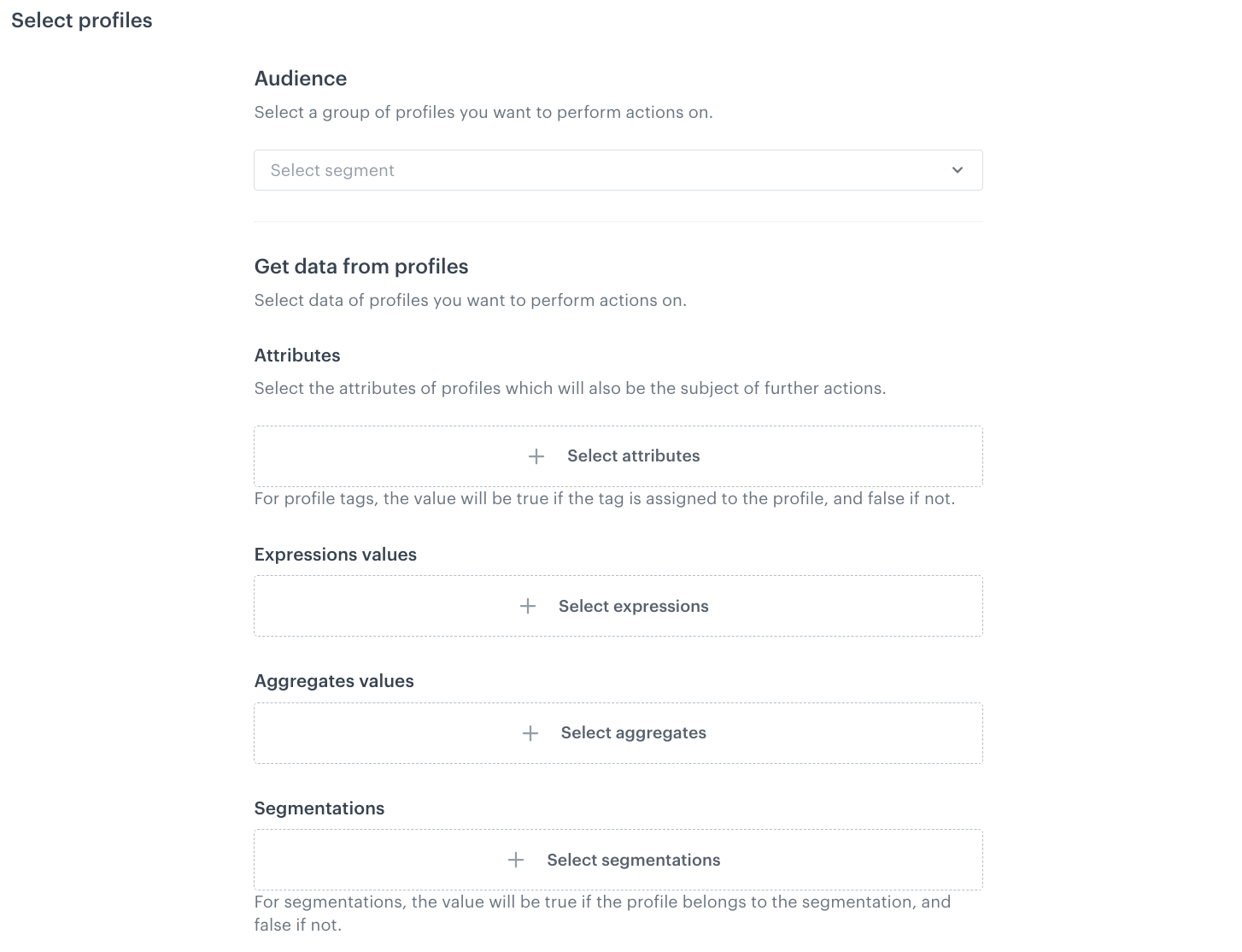 Synerise Get Profiles node configuration showing export options for expressions, aggregates, tags, and segment affiliation