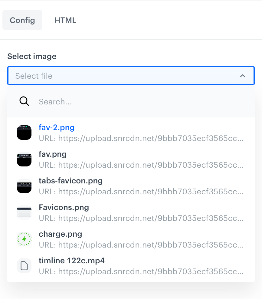 Synerise template configuration form showing the Files variable type with dropdown selection for images