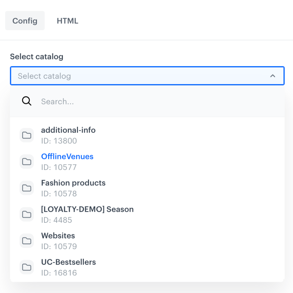 Synerise template configuration form showing the Catalogs variable type with dropdown selection for product catalogs