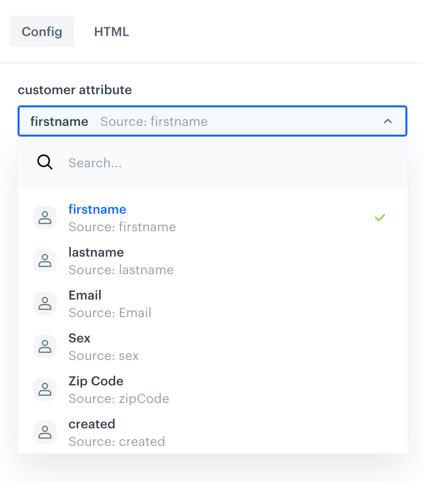 Synerise template configuration form showing the Attributes variable type with dropdown selection for customer attributes