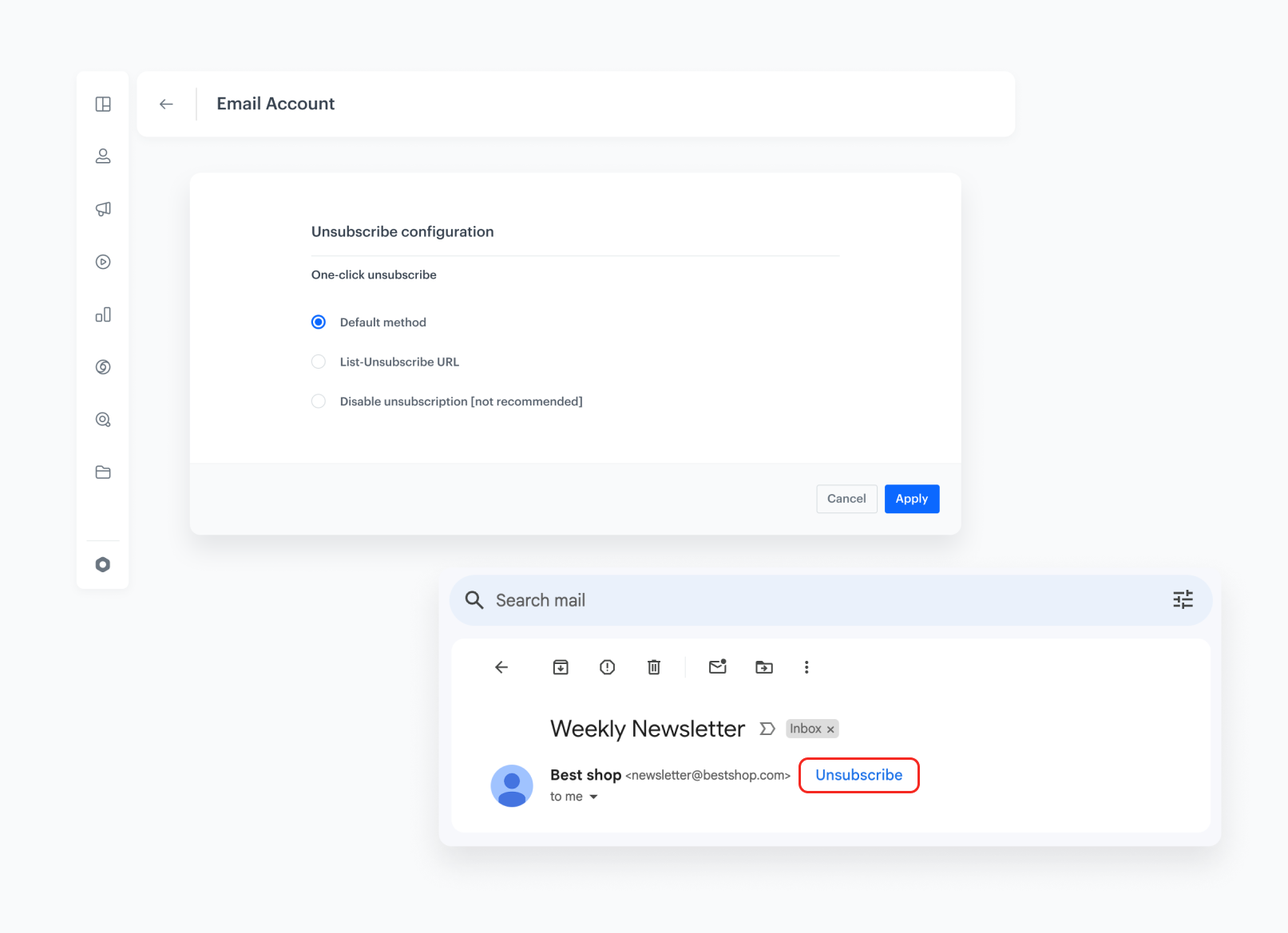 Synerise List-Unsubscribe header as displayed in email clients showing the one-click unsubscribe option for recipients