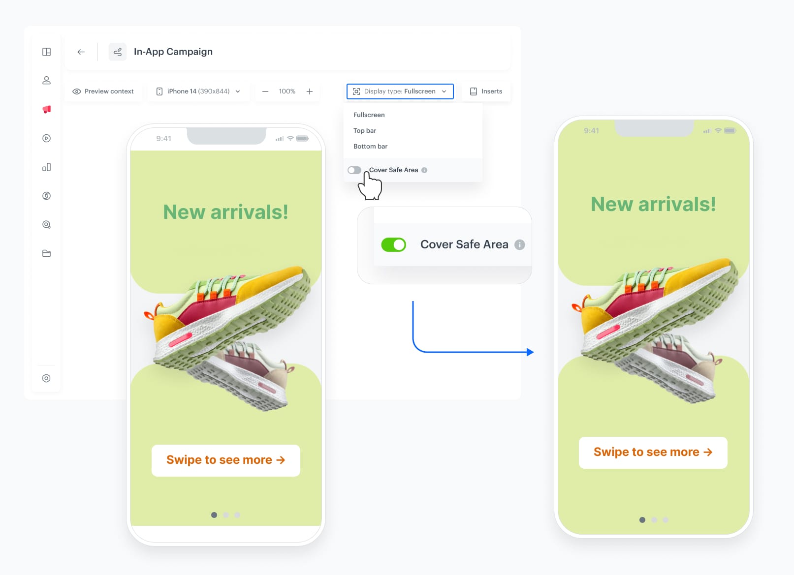 Synerise Safe Area Mode comparison showing in-app messages with and without safe area constraints on mobile devices