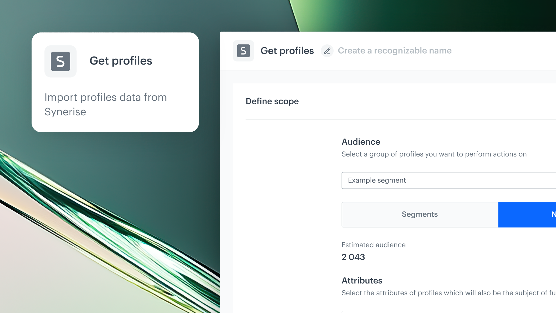 Synerise Get Profiles data node for exporting comprehensive customer data including tags, expressions, and aggregates