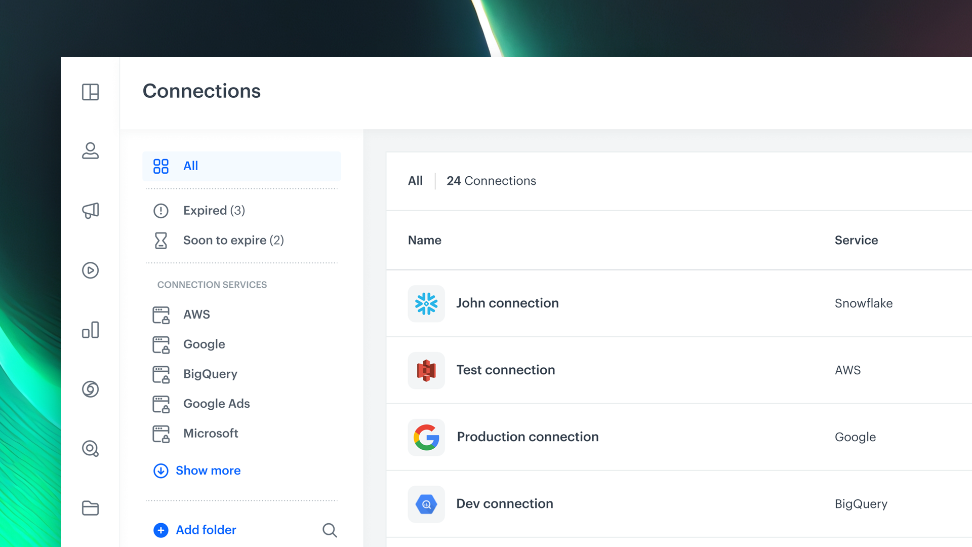 Synerise Connection Management interface showing external service integrations with permission controls and connection status