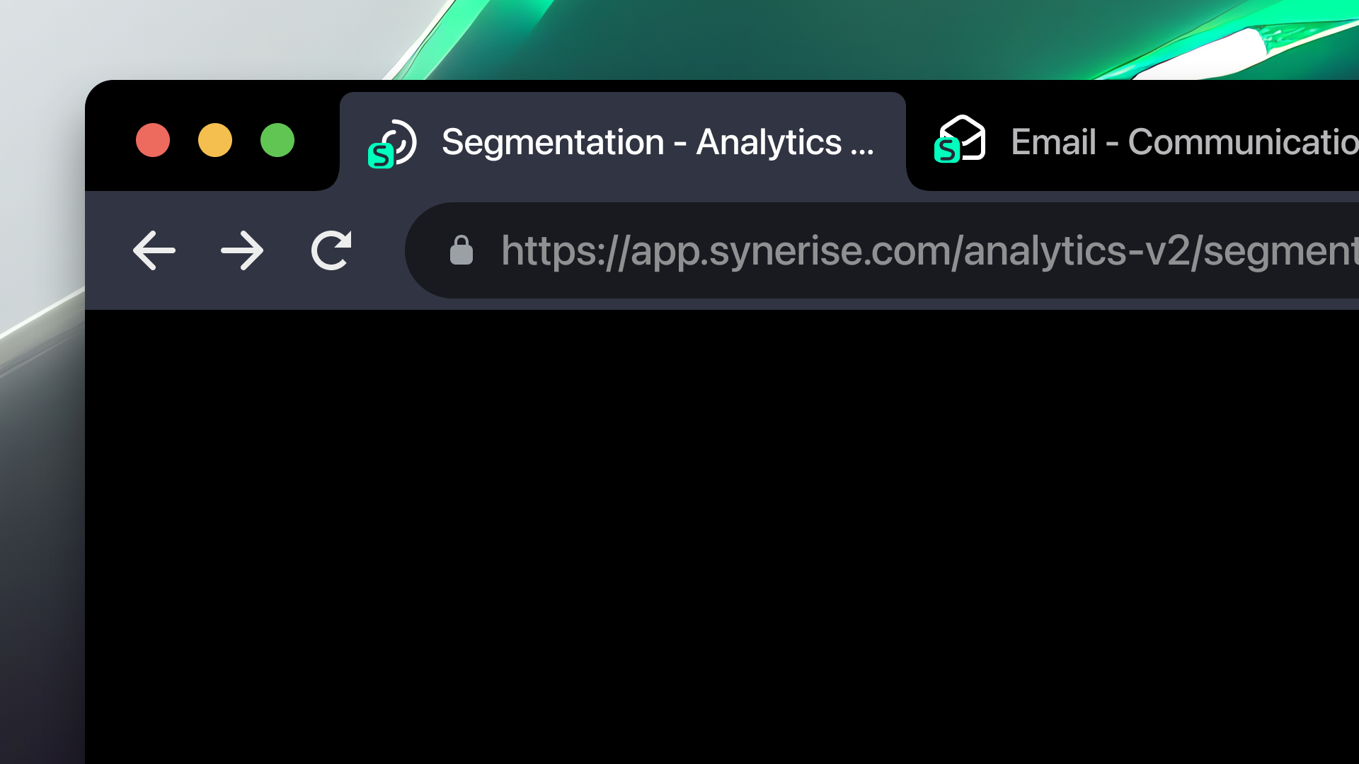 Synerise browser tabs showing unique favicons for different platform modules including Automation, Analytics, and Campaigns