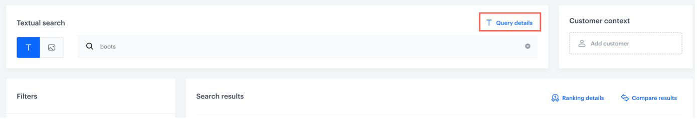 Synerise Search Explain query details showing query transformations, applied rules, and synonym mappings