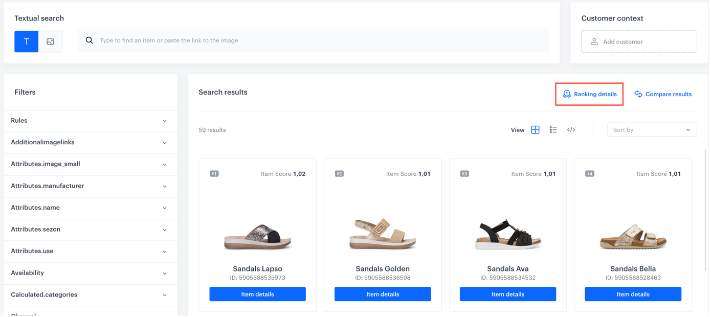 Synerise Search Explain ranking overview showing sorting logic, boosted items, and attribute-based filters