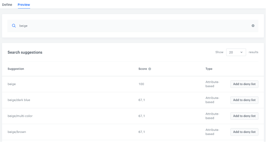 Synerise Query Suggestions Preview interface showing live suggestions with relevance scores and suggestion types