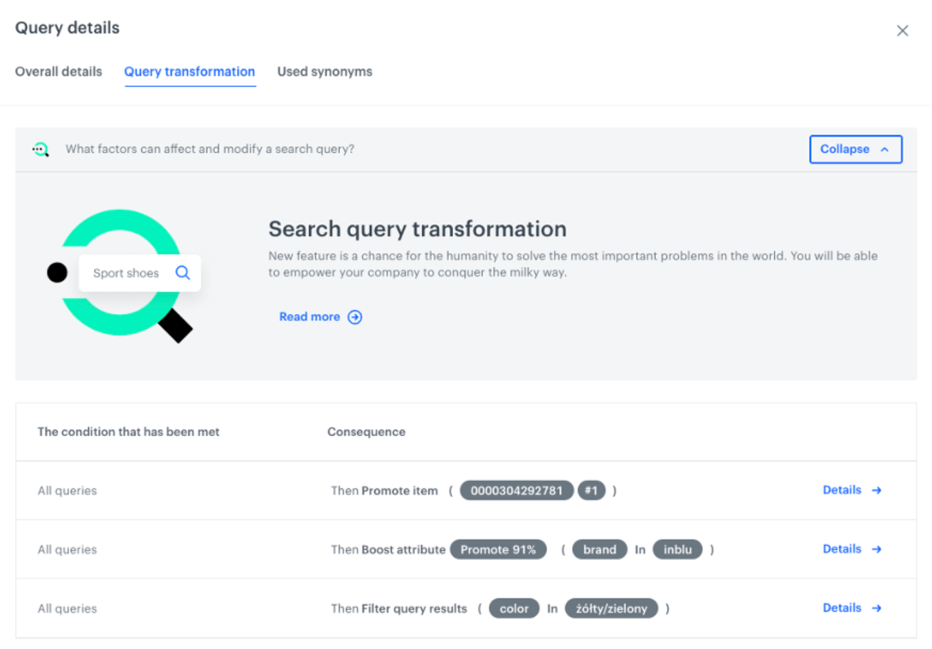 Synerise Search Explain showing applied query rules including typo corrections and synonym mappings
