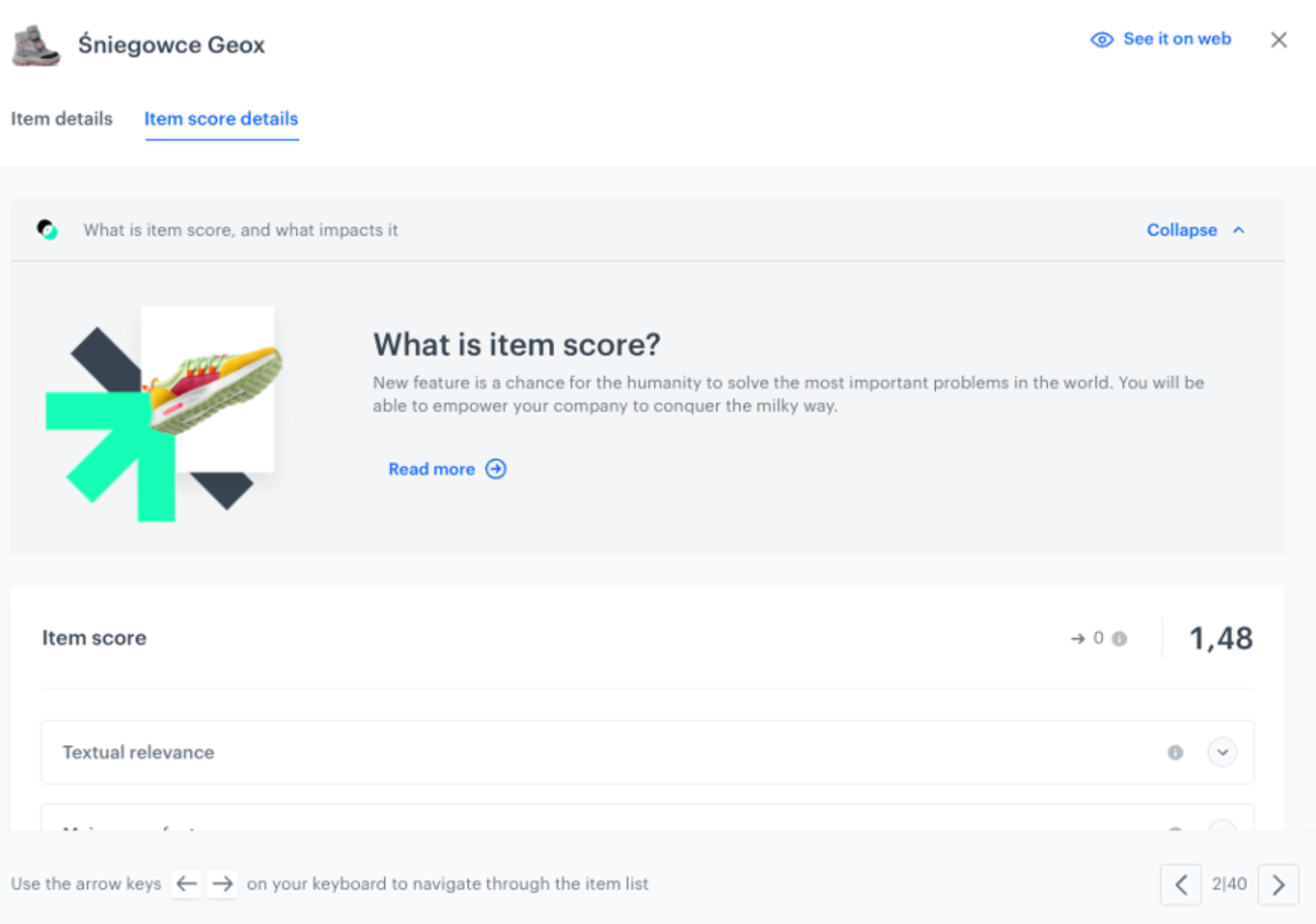 Synerise Search Explain item-level insights showing individual product score breakdown with relevance and personalization factors