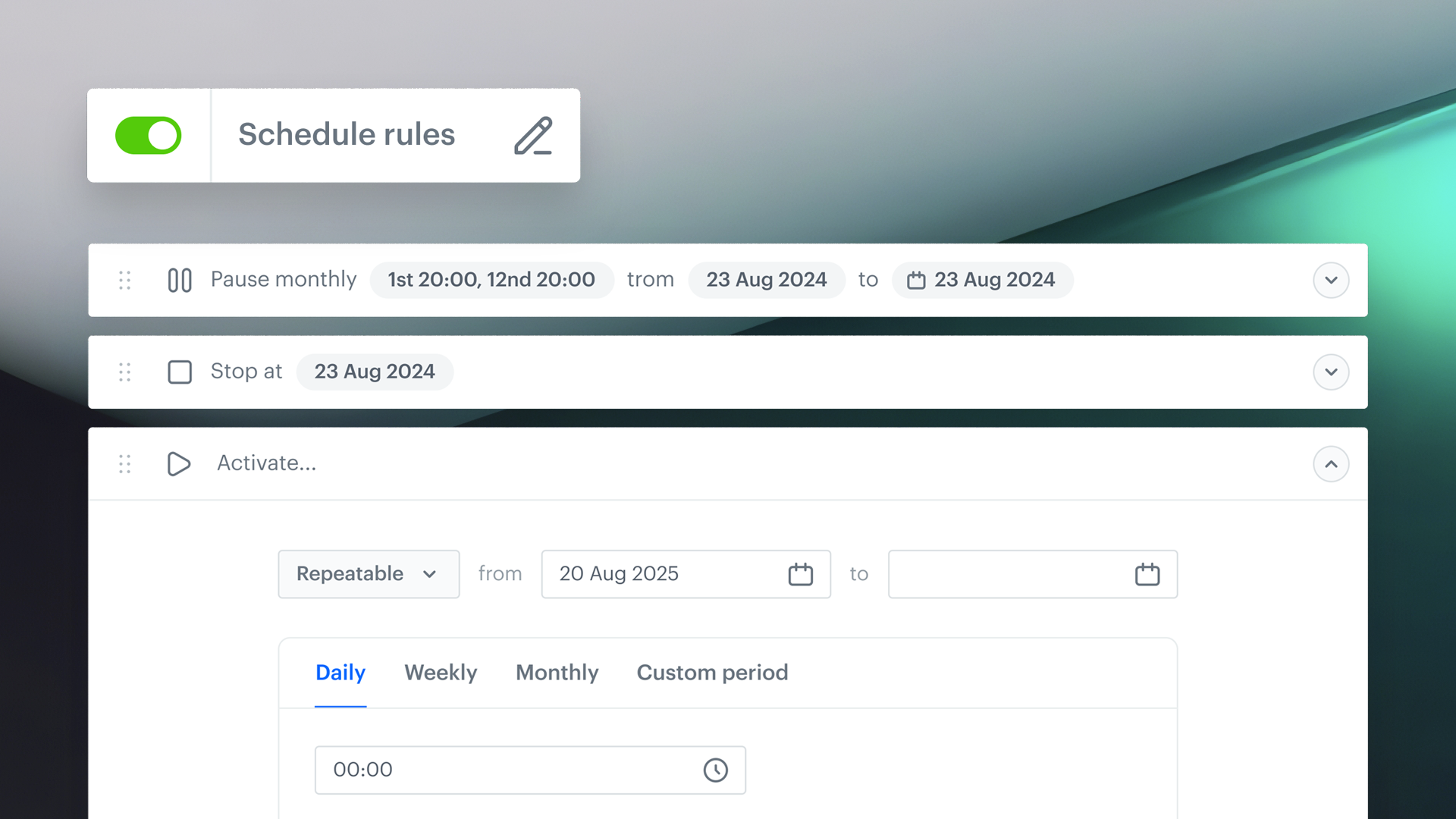Synerise Workflow Scheduler interface showing scheduling rules with dates, times, and status options for workflow automation