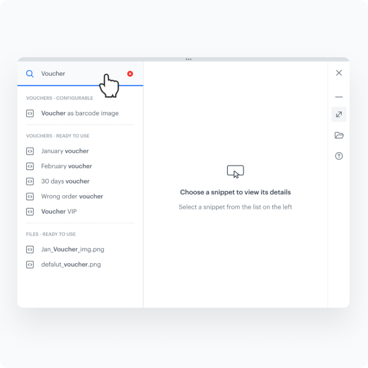Synerise Snippet Widget showing the library of predefined and custom snippets with search, preview, and insertion options