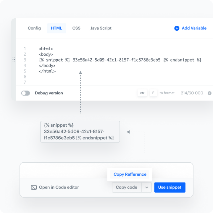 Synerise snippet reference interface showing how to copy a dynamic reference for automatic content propagation