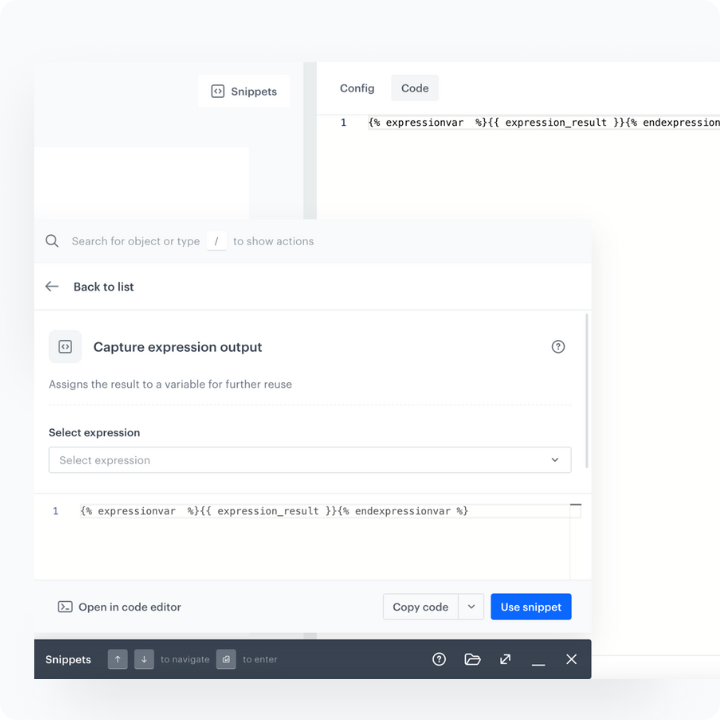 Synerise snippet editor showing configurable form fields for no-code snippet customization