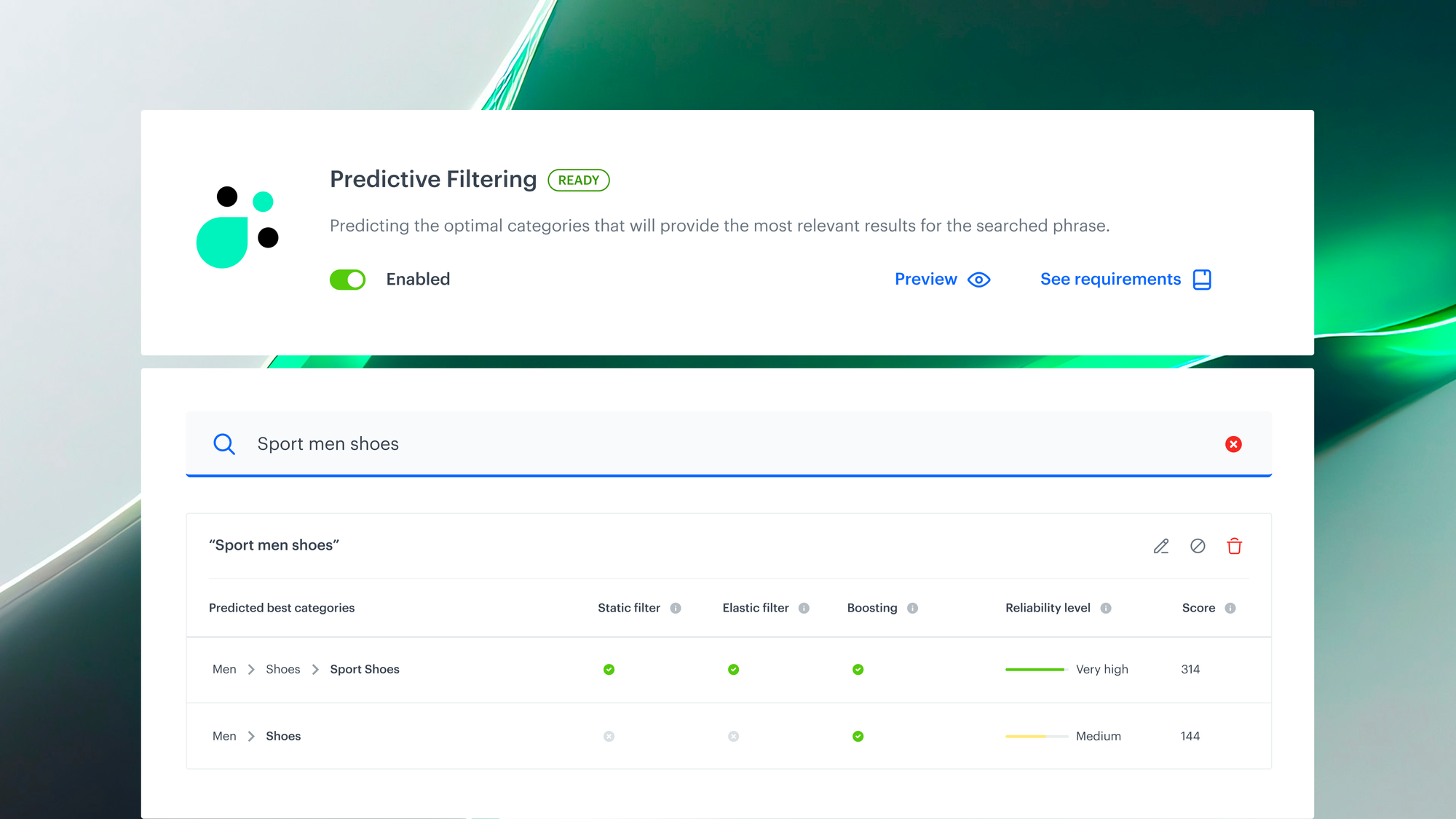 Synerise AI Search Predictive Filtering configuration showing category predictions with reliability levels and preview options