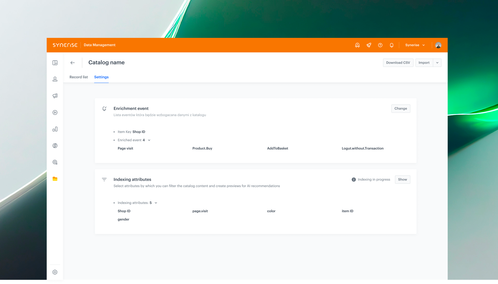 Synerise event data enrichment configuration showing multi-catalog enrichment, attribute mapping, and catalog dependency visibility