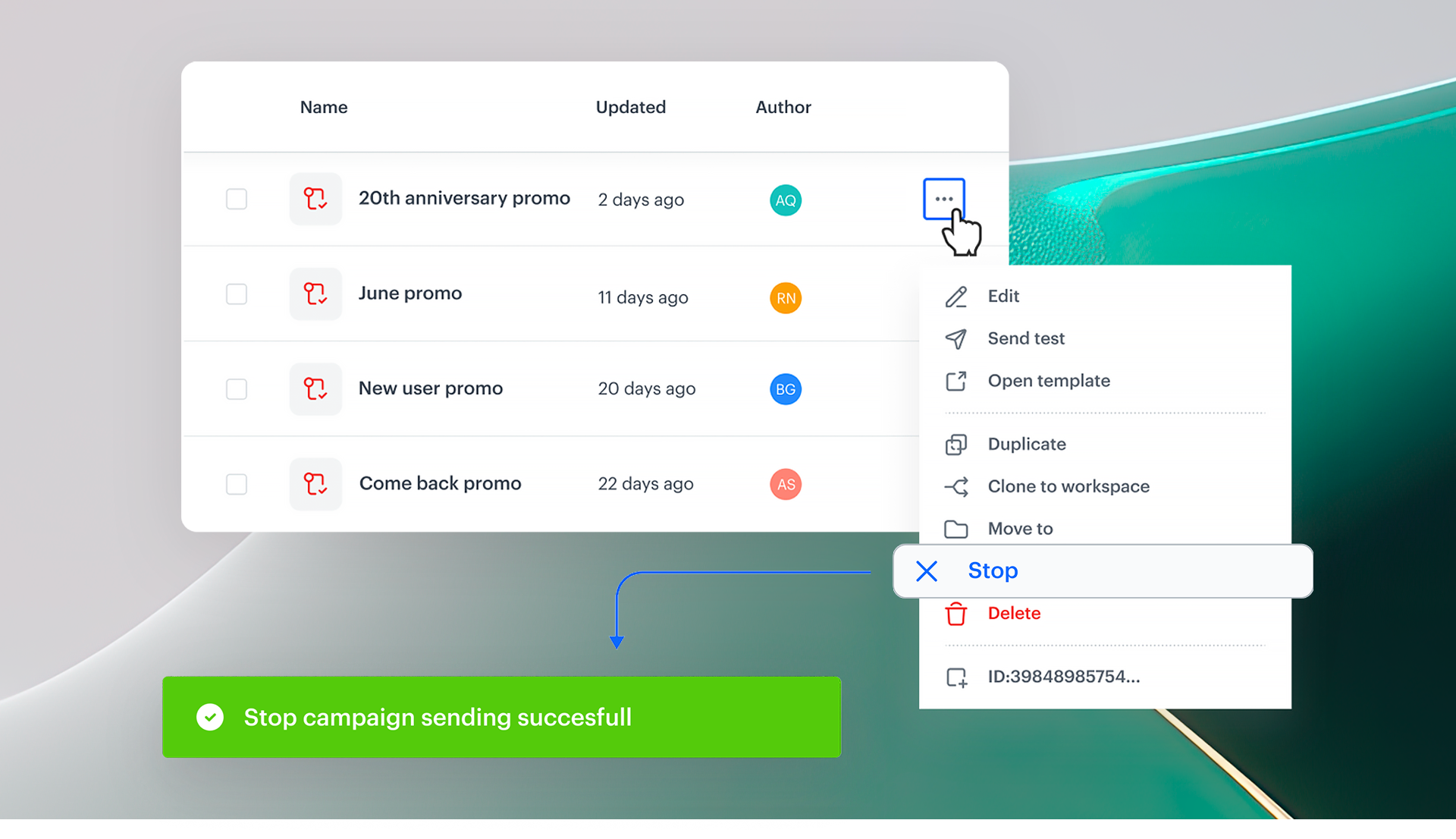Synerise Mid-Campaign Emergency Stop interface showing the stop action for an active campaign with sending status