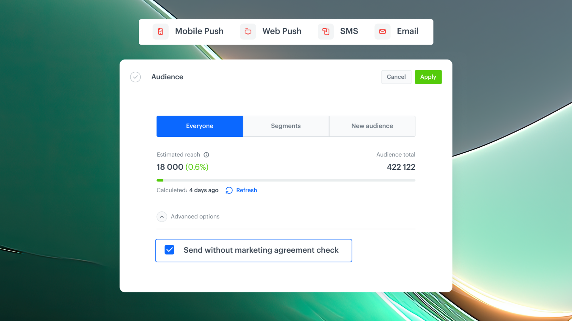 Synerise campaign Audience section showing the 'Send without marketing agreement check' option for operational SMS and Push notifications
