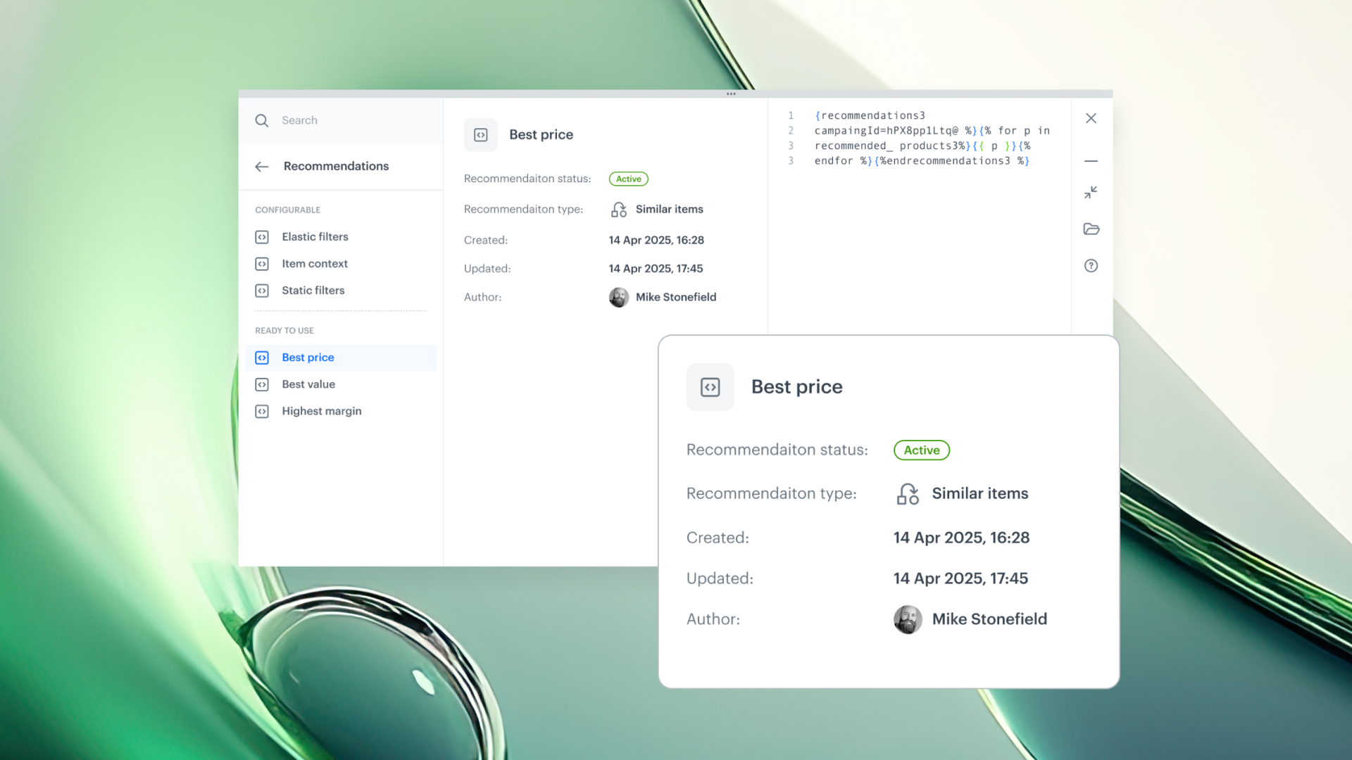 Synerise snippet metadata panel showing contextual information, object status, and direct navigation to related objects and documentation