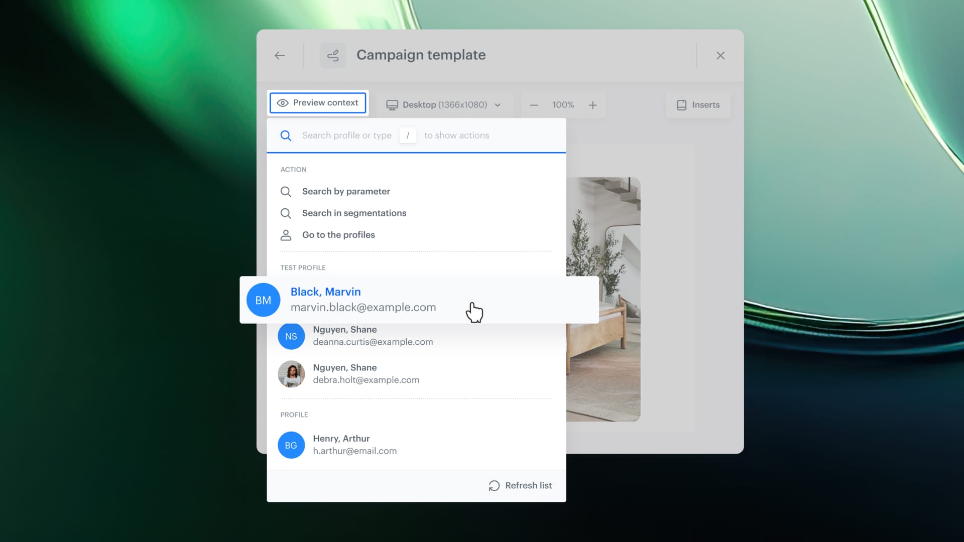 Synerise Redesigned Profile Picker showing test profiles section, segmentation search, and unified selection interface