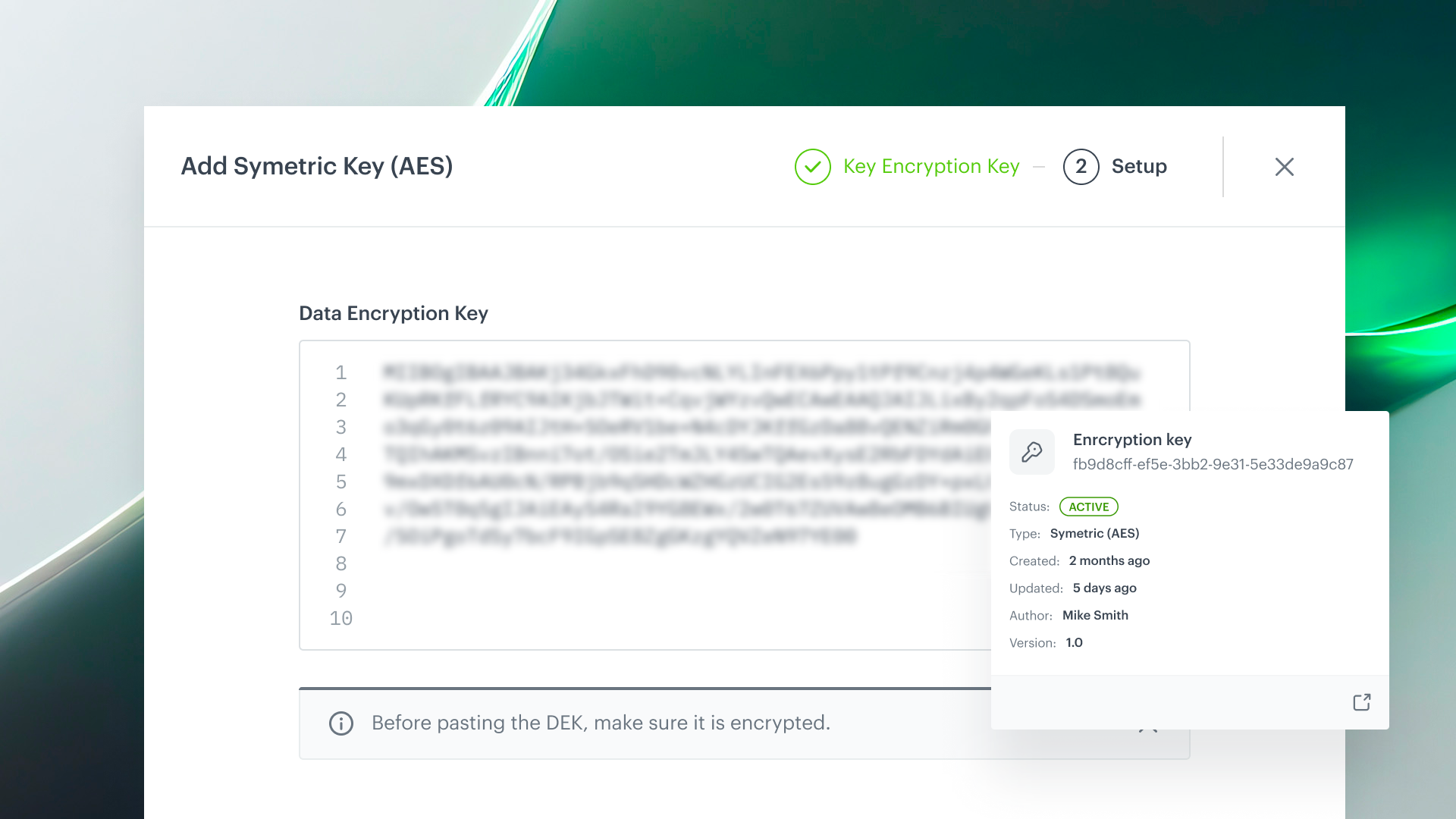 Synerise Data Encryption settings showing AES-256 encryption configuration and BYOK key management for Automation workflows