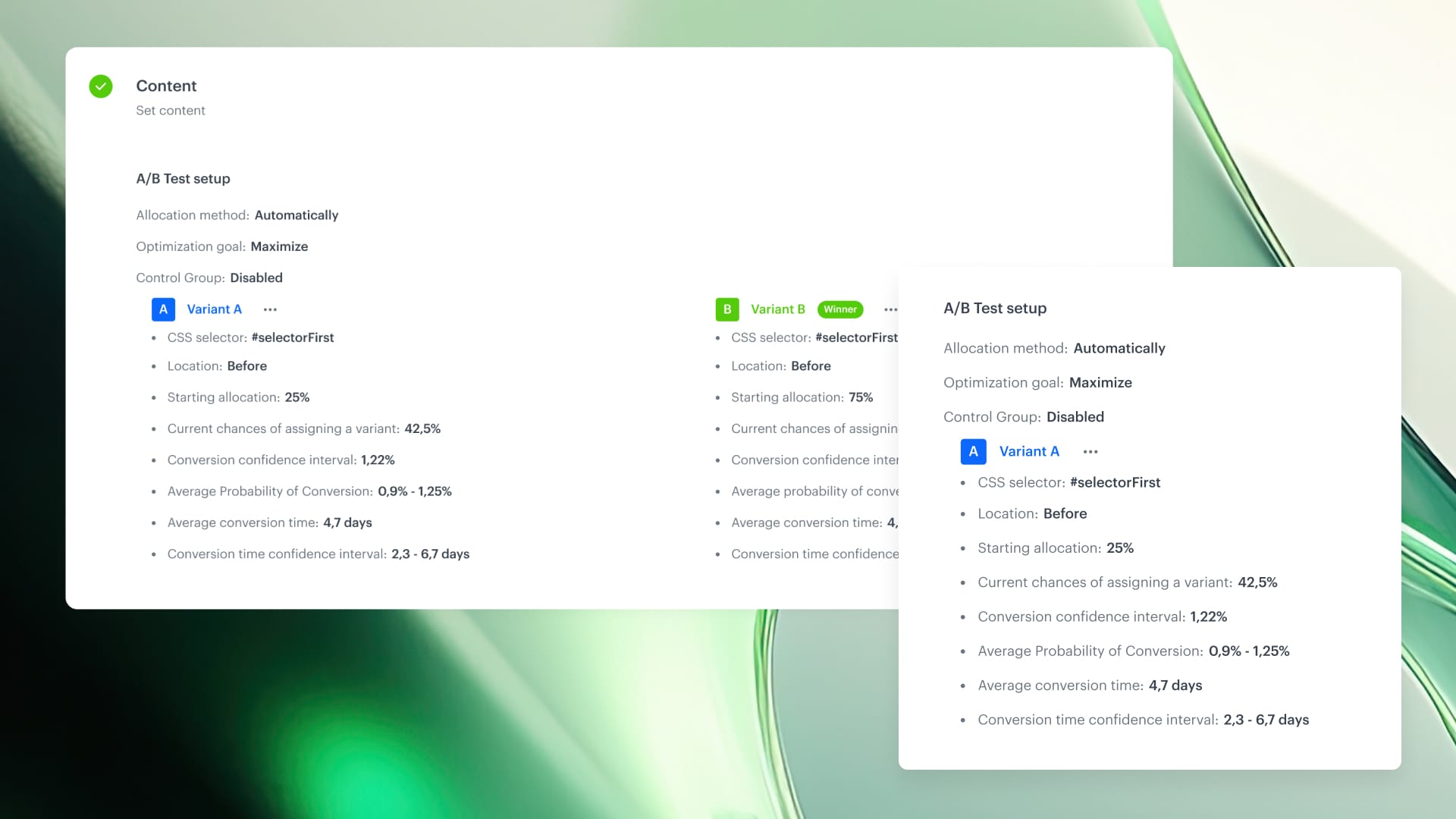 Synerise Variant Optimizer campaign results showing winning variant, conversion probability, and export options