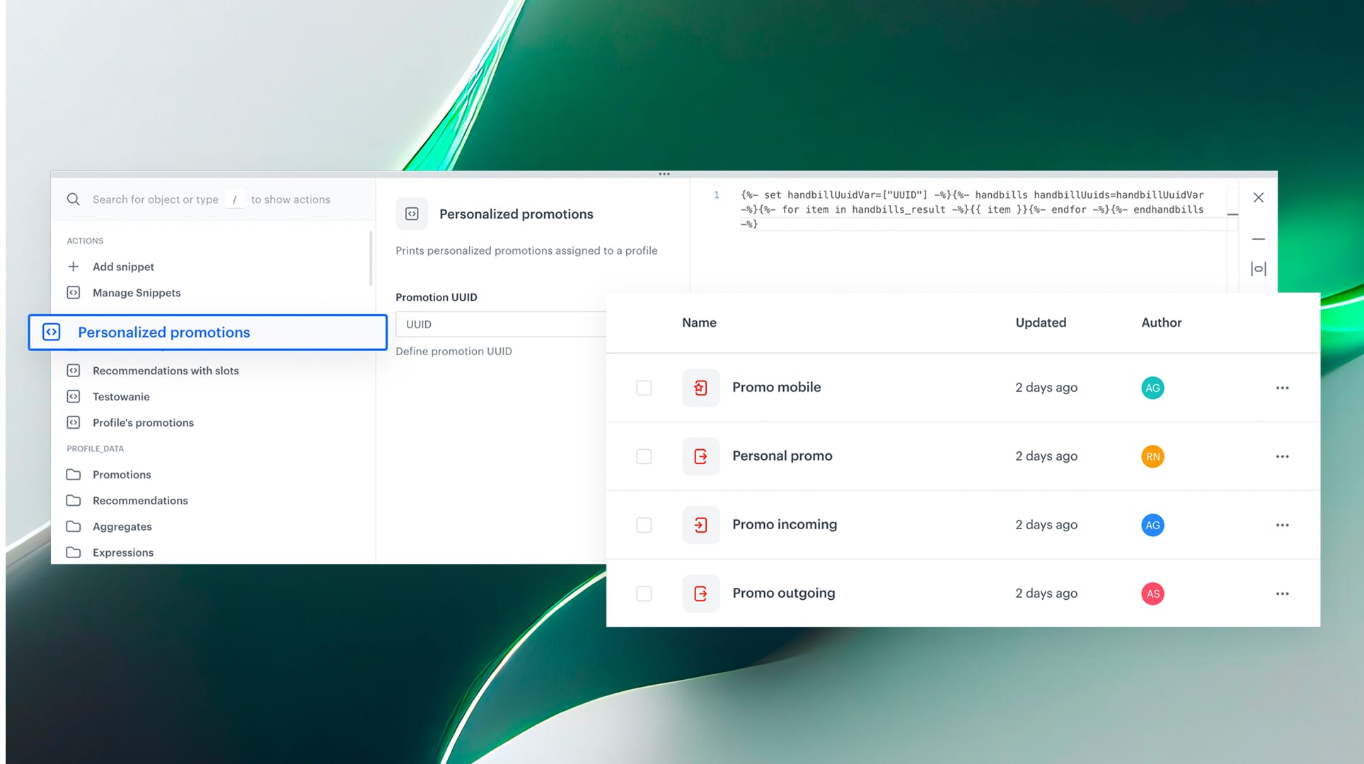 Synerise Personalized Promotions showing AI-selected promotion sets embedded in a multi-channel communication campaign
