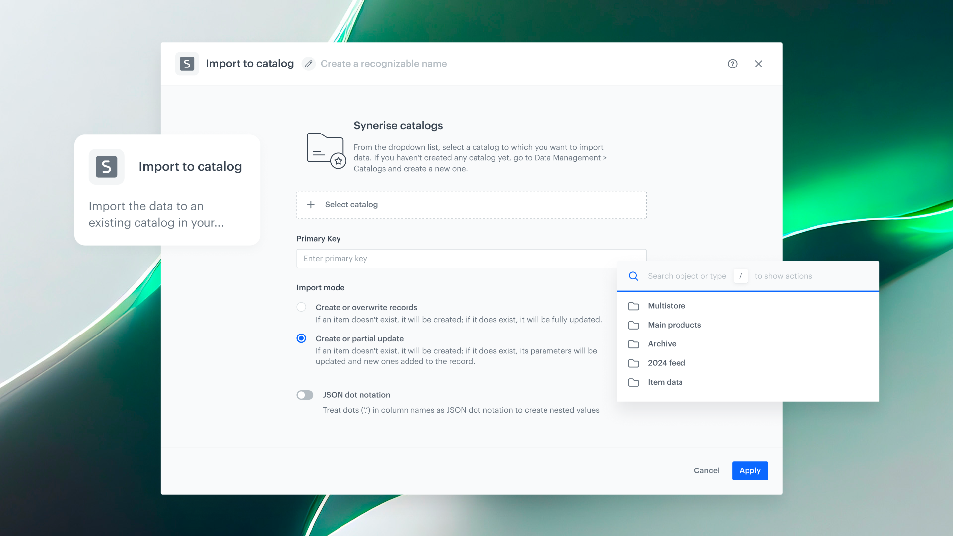 Synerise Import to Catalog configuration showing Partial Update mode for updating specific fields in Catalog items
