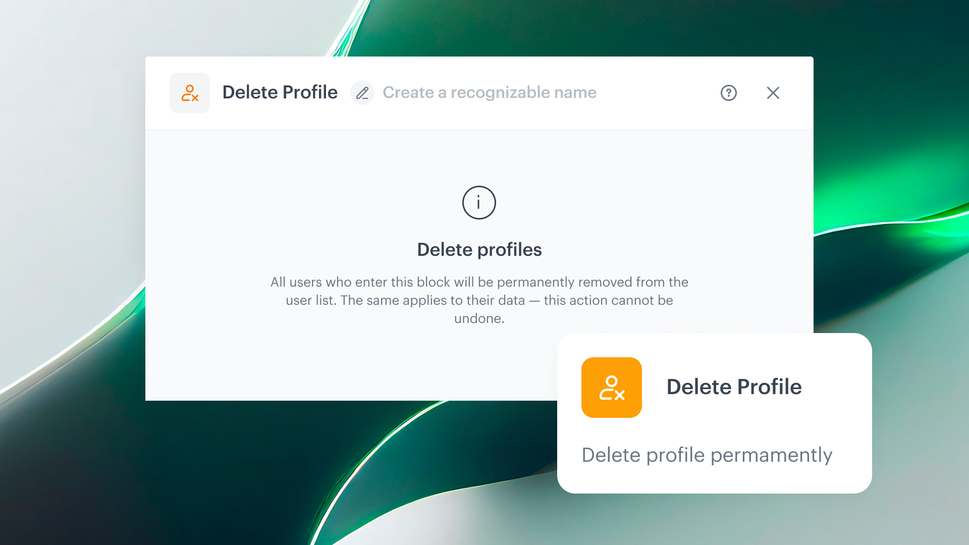 Synerise Delete Profile node configuration panel showing profile removal action settings in the Automation workflow builder