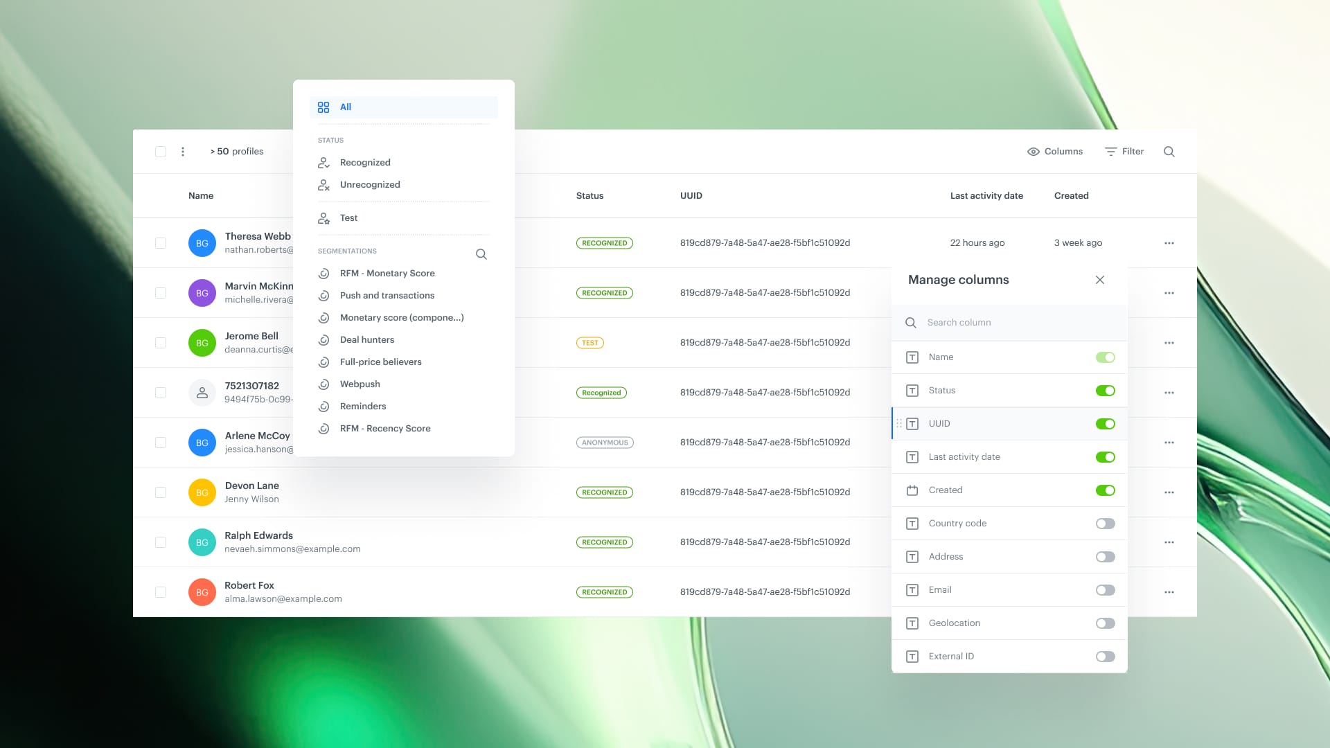 Synerise Refreshed Profiles Module interface showing universal profile list with segmentation, filtering, and batch actions powered by TerrariumDB