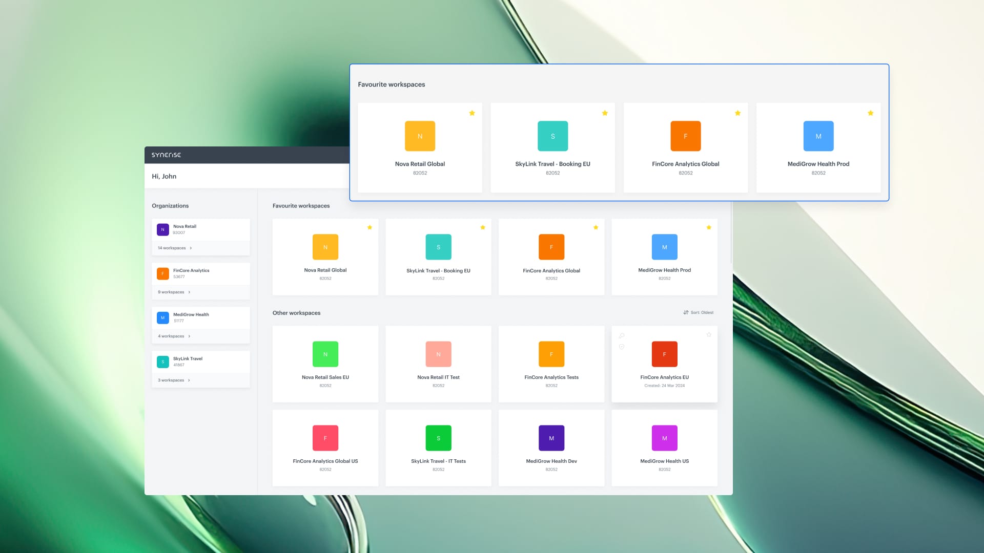 Synerise New Workspace Picker interface showing unified search, favorites, and sorting options for workspace and organization navigation