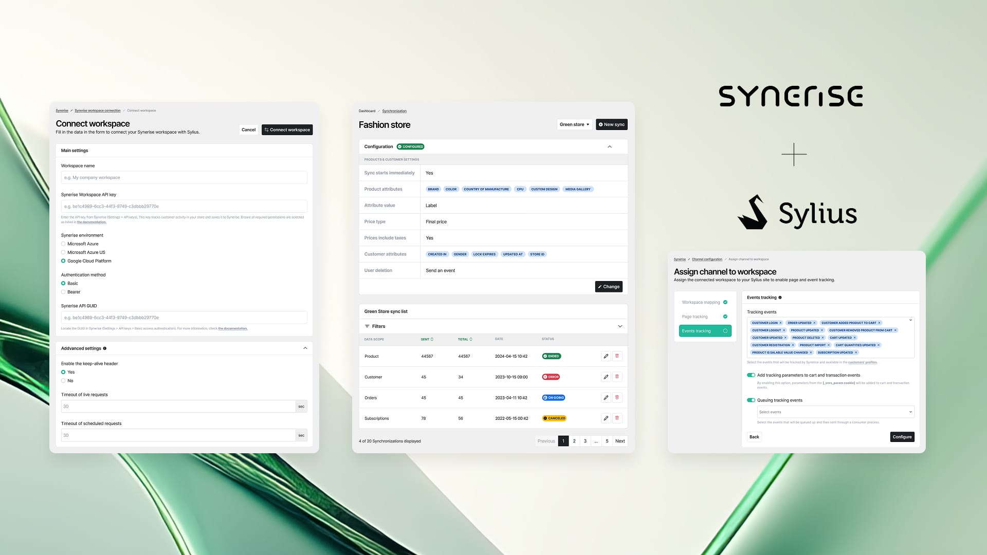 Synerise Sylius integration plugin showing bi-directional data synchronization between Sylius e-commerce platform and Synerise