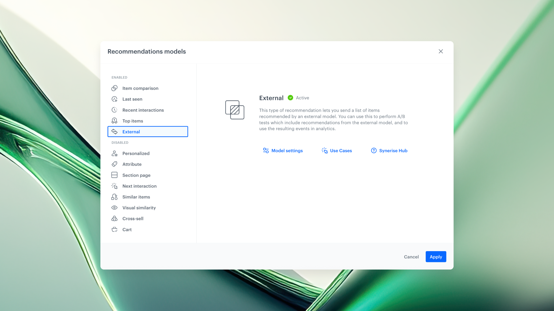 Synerise A/B/X test configuration showing an External recommendation variant alongside native Synerise recommendation models