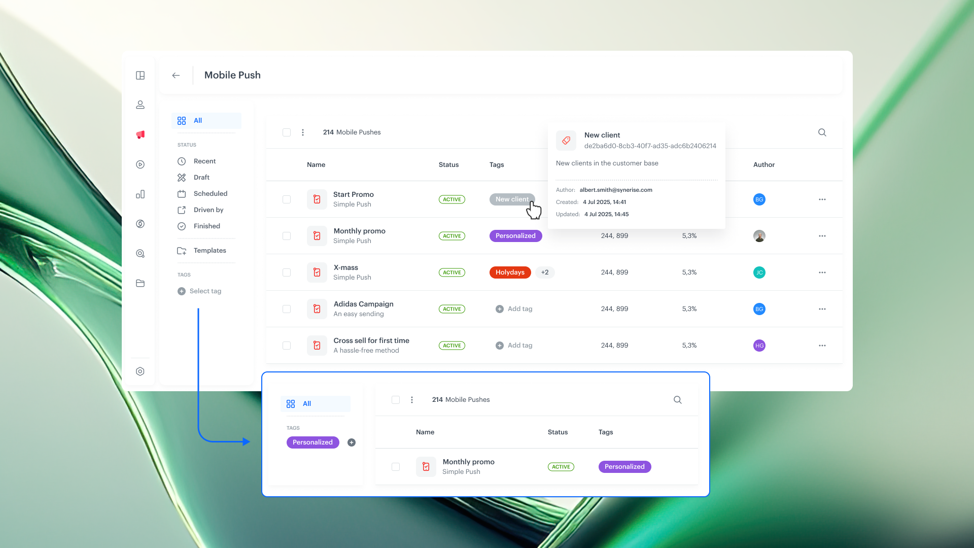 Synerise communication tagging interface showing custom tags assigned to campaigns for cross-channel organization and filtering