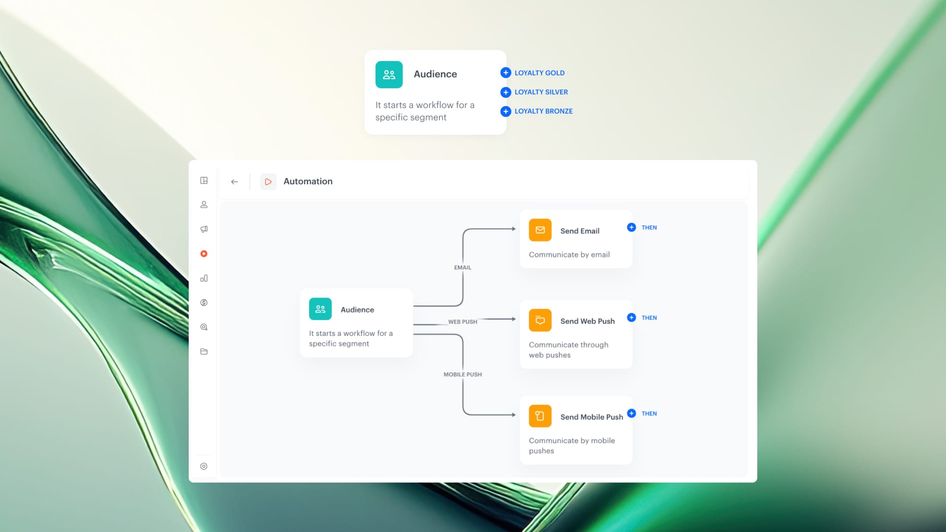Synerise Automation workflow showing segment-based branching with multiple output paths from an Audience node, each labeled with a subsegment name