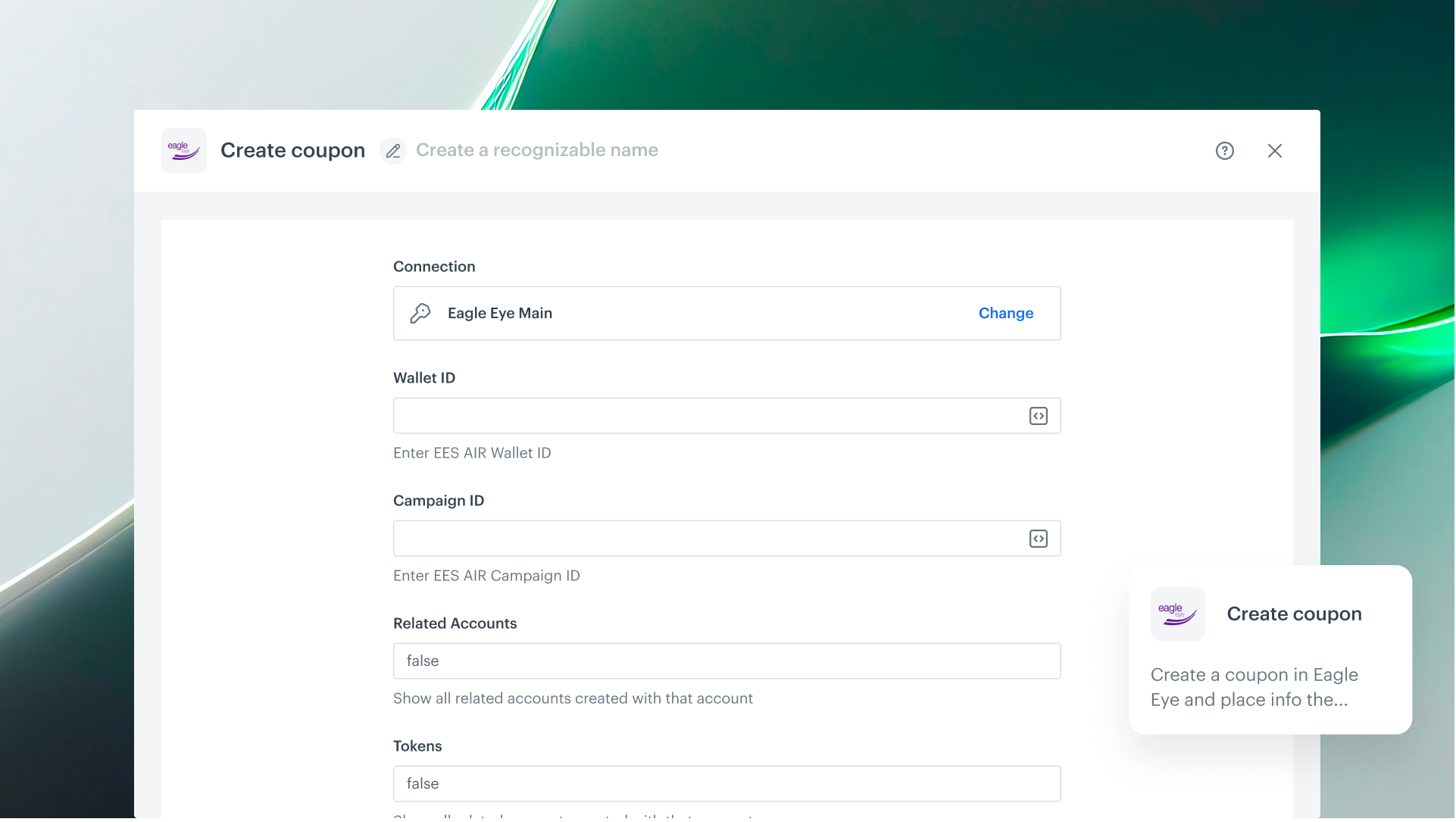 Synerise Eagle Eye Platform Integration showing automated coupon account creation and wallet distribution workflow