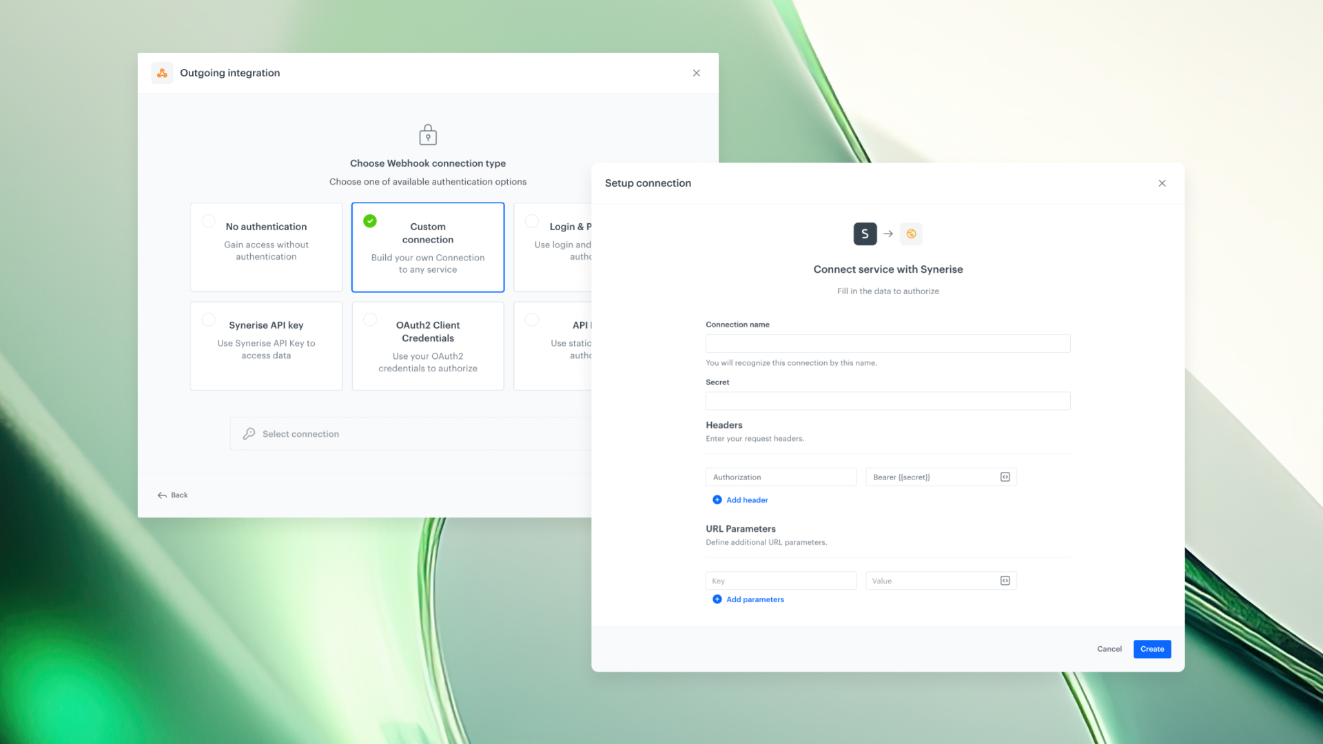 Synerise Custom Connections configuration interface showing authentication request builder and token propagation settings