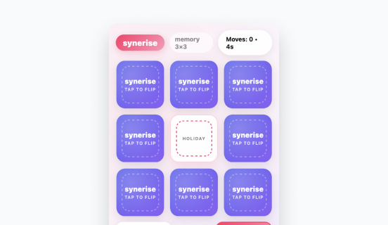 Synerise Memo Game in-app template showing a memory matching game with product images loaded from recommendation models