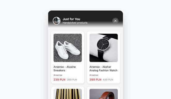 Synerise Resize Recommendations in-app template showing bar-to-fullscreen expansion with personalized product recommendations