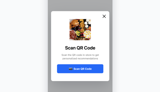 Synerise QR Code Scanner in-app template showing automatic camera activation and customer-identified QR scanning