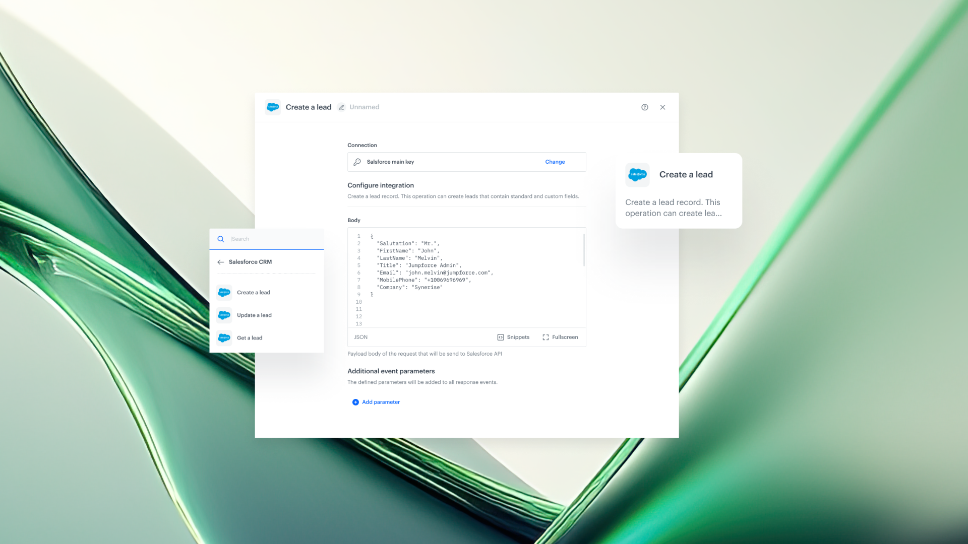 Synerise Salesforce CRM Integration showing Create a Lead, Get a Lead, and Update a Lead Automation nodes