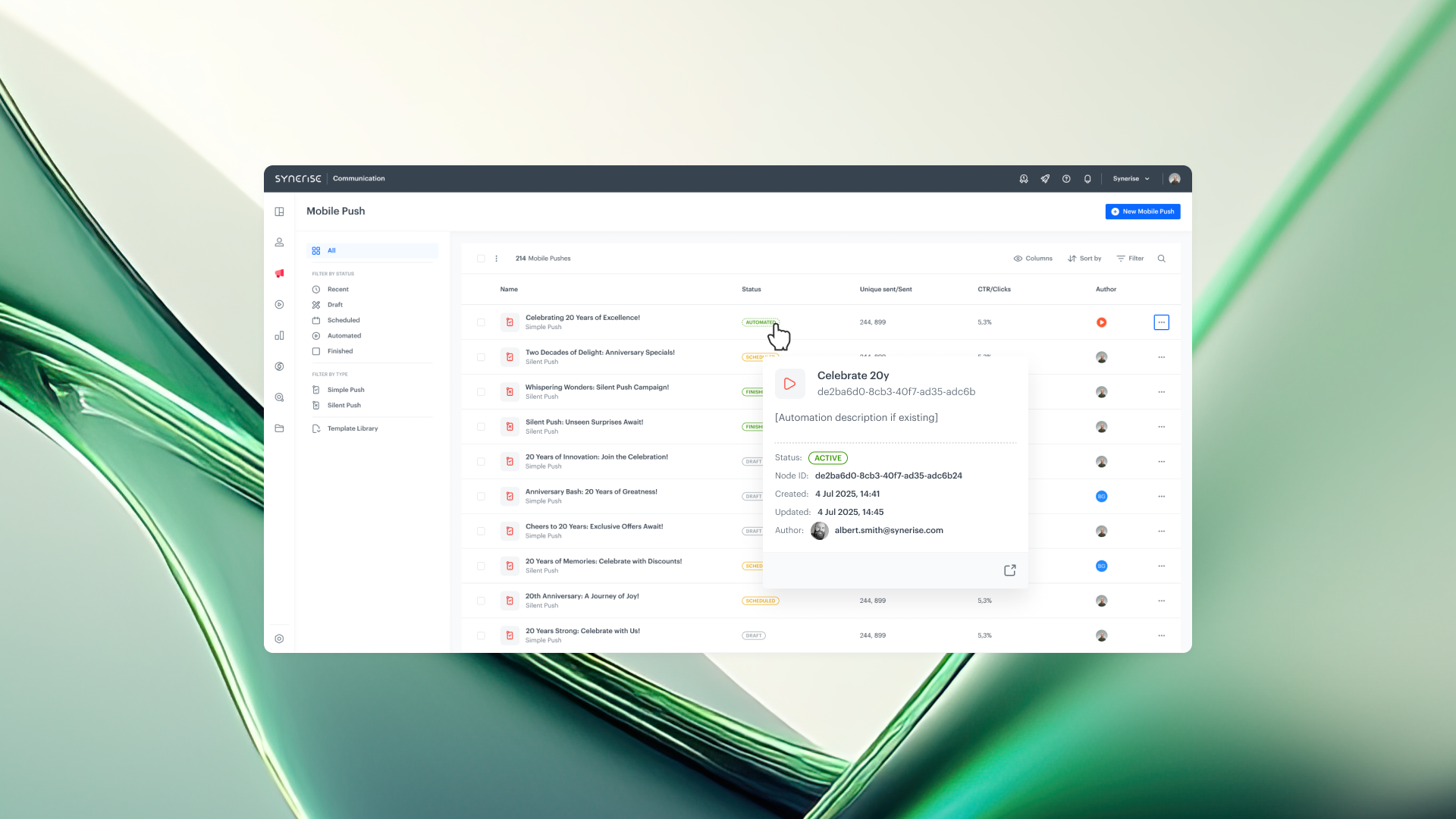 Synerise Communication list showing workflow status pop-up with workflow details, author, timestamps, and direct link to Automation editor