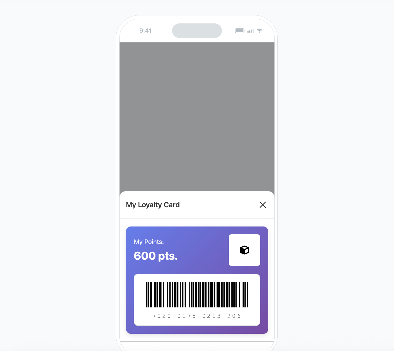 Synerise Loyalty Card in-app template showing digital loyalty card with barcode and real-time point balance display