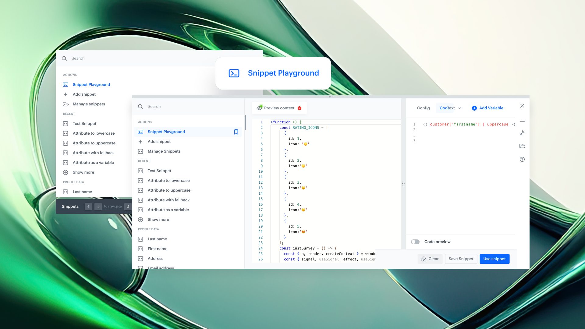 Synerise Snippet Playground interface showing code editor, Jinjava preview, and user profile selector