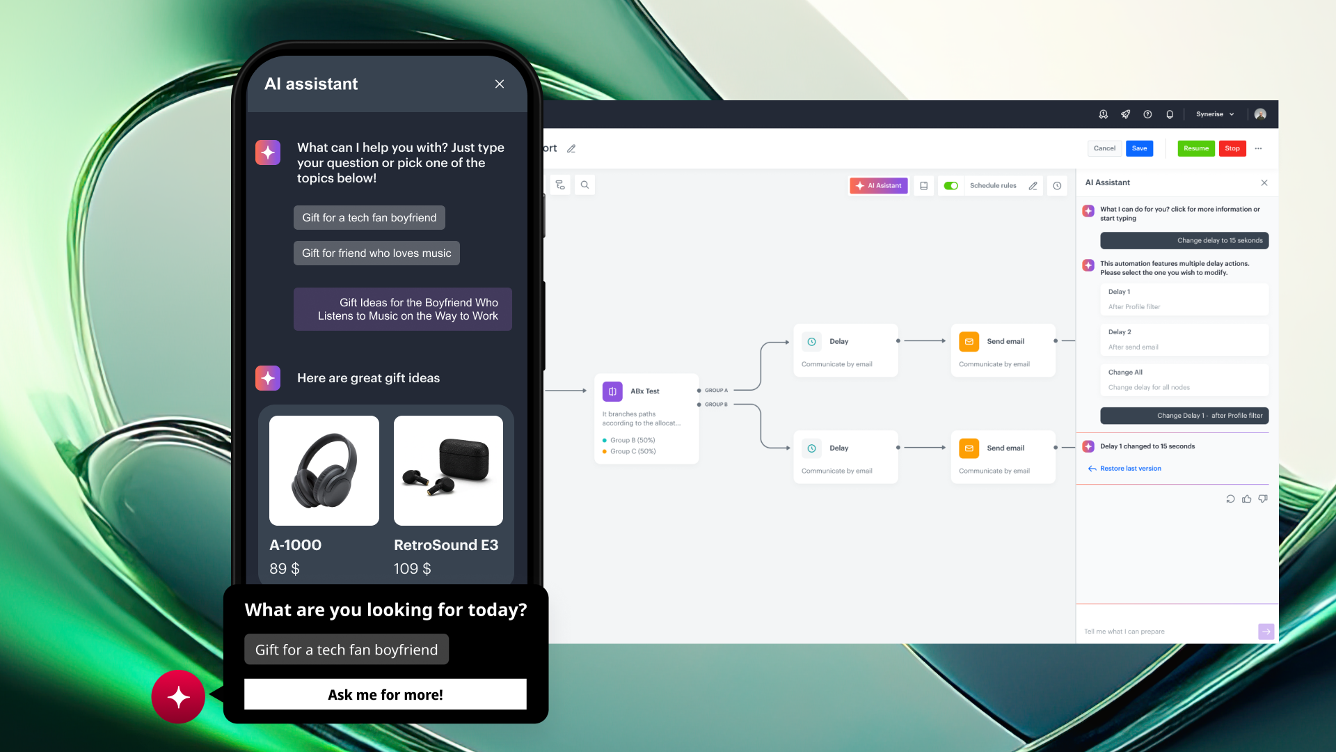 Synerise AI Agent interface showing Shopping Assistant and Automation Assistant capabilities